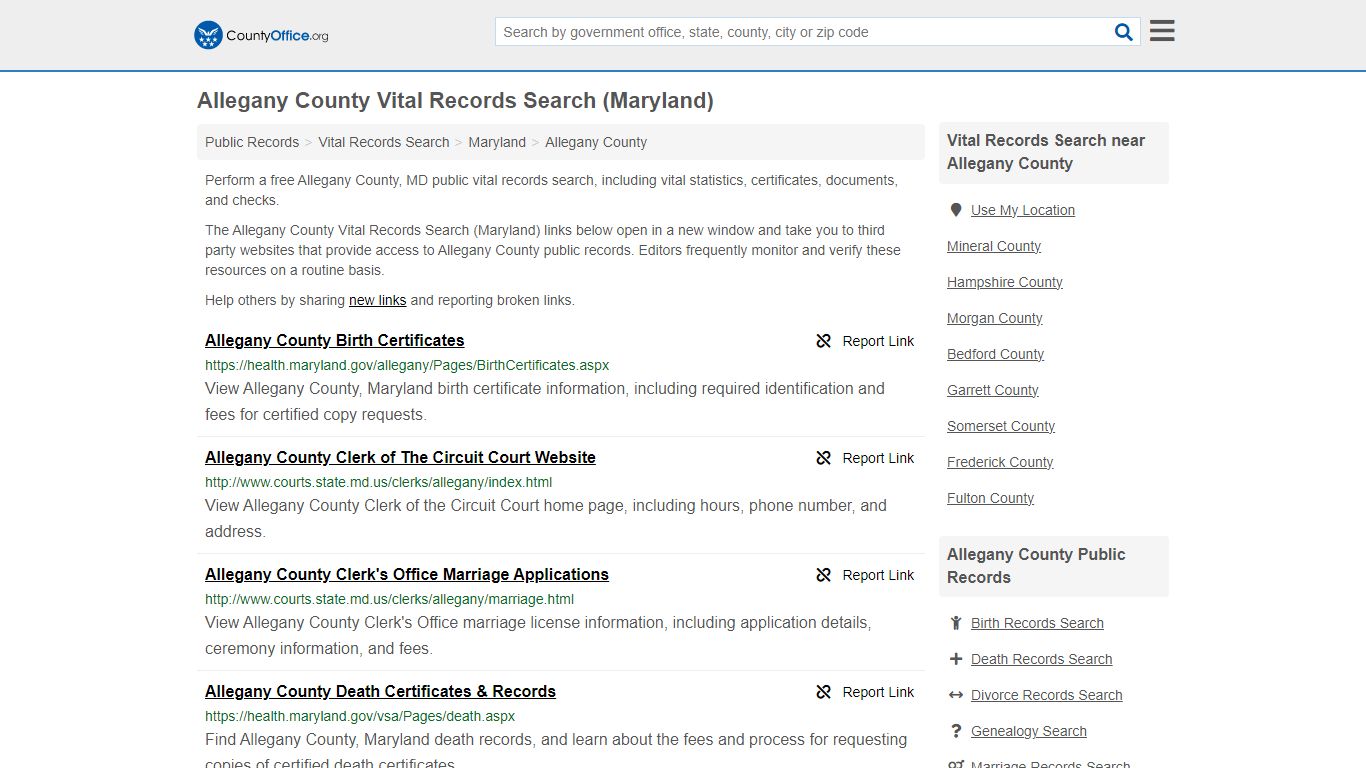 Vital Records Search - Allegany County, MD (Birth, Death, Marriage ...