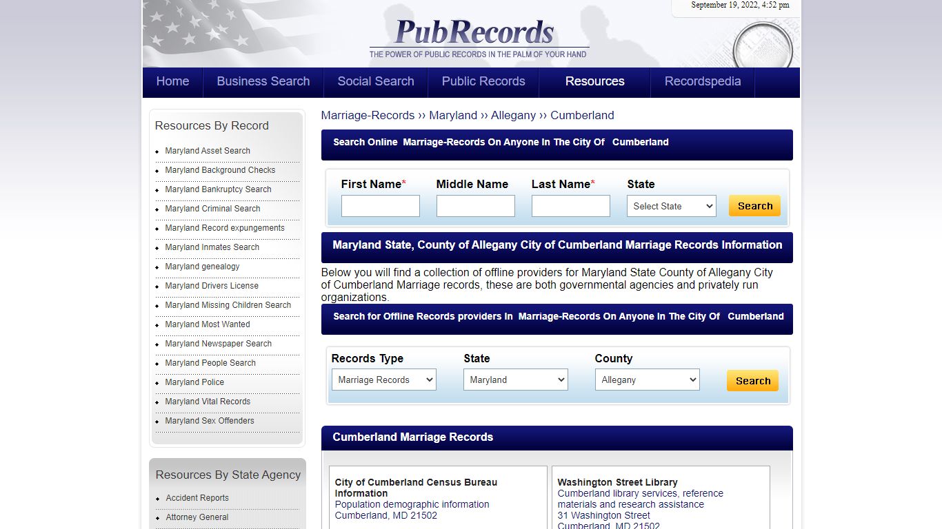 Cumberland, Allegany County, Maryland Marriage Records